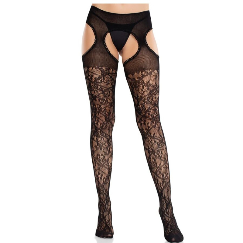 Leg Avenue - Bas En Dentelle Florale Avec Jarretelles United Black